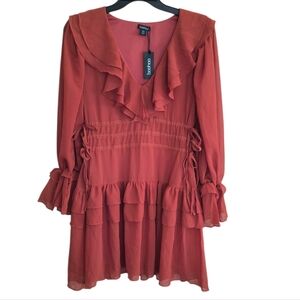 NWT Boohoo Gathered Waist Ruffle Detail Skater Dress Size 12 Rust Colored